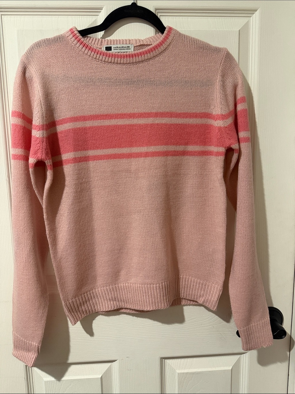 Zara Light Pink Crewneck Sweater with Bright Pink Stripes